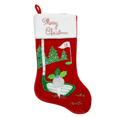 Northlight 20" Red Velveteen Golf Themed Christmas Stocking with White Embroidered Cuff