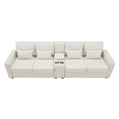 NicBex 114.2 Inch 4-Seater Modern Linen Sofa with Console,2 USB Ports,Armrest Pockets and 4 Pillows for Living Room,Office,Apartment