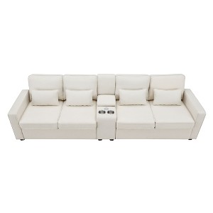 NicBex 114.2 Inch 4-Seater Modern Linen Sofa with Console,2 USB Ports,Armrest Pockets and 4 Pillows for Living Room,Office,Apartment - 1 of 4