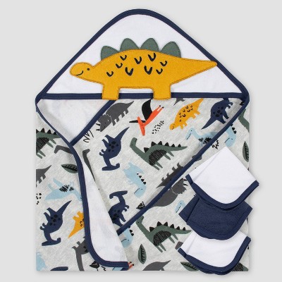 Gerber Baby Boys' 4pc Dino Bath Towel and Washcloth Set - White/Blue