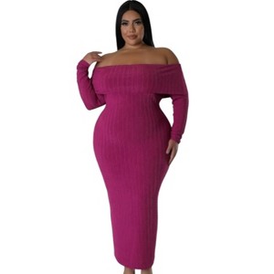 Slickblue Women's Plus Size Off-Shoulder Stretch Dress - Long Sleeve Bodycon in Bold Color and Size Options - 1 of 4