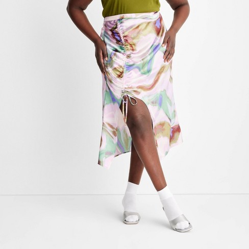 Women's Marbled Silk Curved Hem Midi Skirt - Future Collective™ With  Gabriella Karefa-johnson Light Green/pink Marble 30 : Target