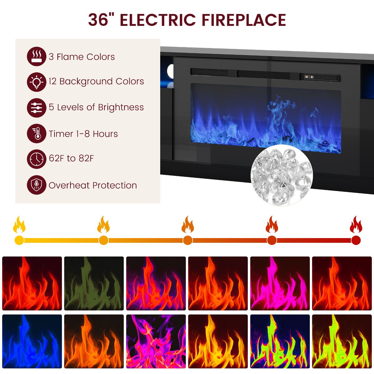 Modern 70" Electric Fireplace TV Stand, 36" Heater, 12 LED Flames, 2‑Tier Entertainment Center, Fits 80" TV, Black Glossy Media Console with Storage - thumbnail 7