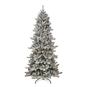 7.5ft Puleo Pre-Lit Flocked Slim Royal Majestic Spruce Artificial Christmas Tree Clear Lights: Hinged, Flame-Retardant, Indoor Use - 1 of 3