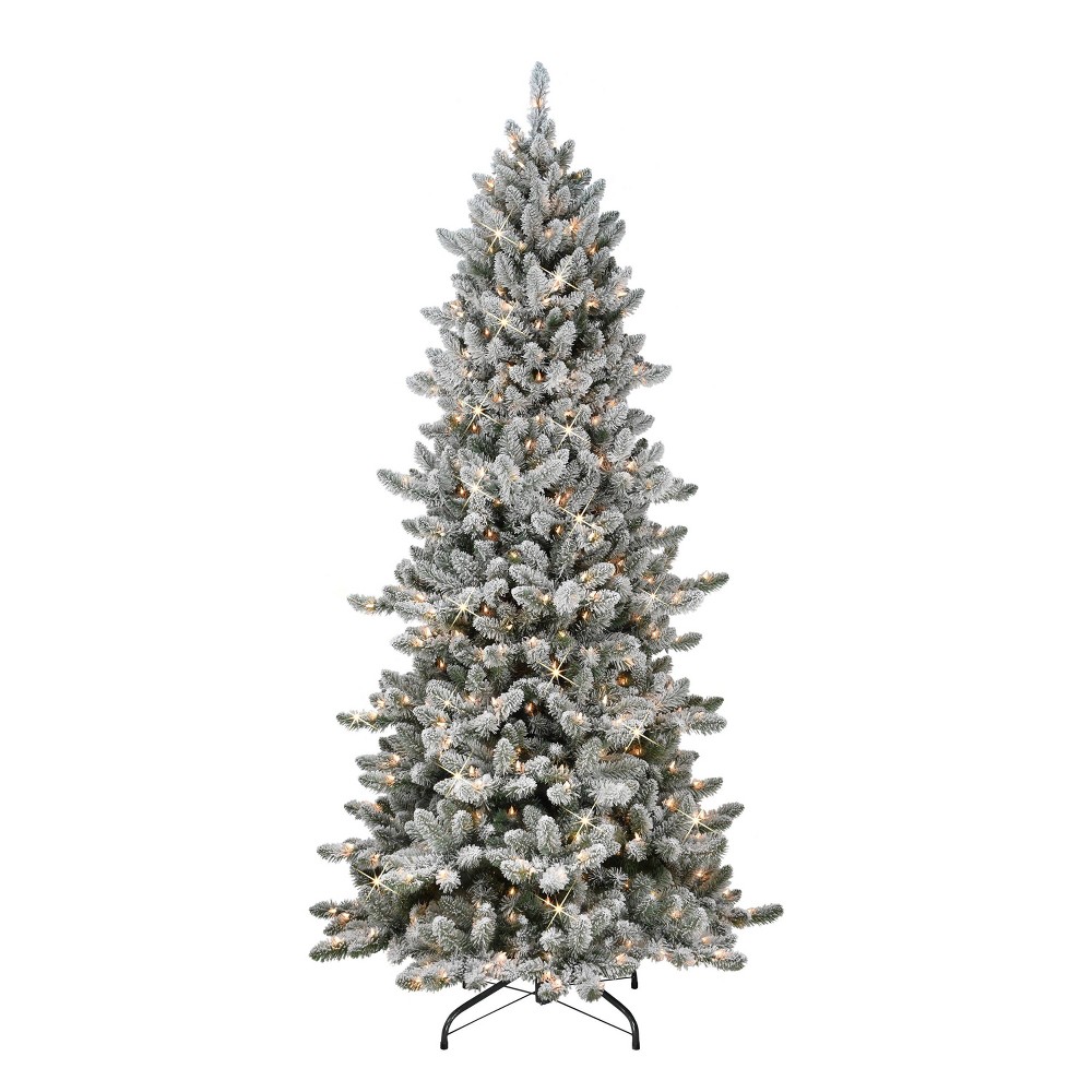 7.5ft Puleo Pre-Lit Flocked Slim Royal Majestic Spruce Artificial Christmas Tree Clear Lights: Hinged, Flame-Retardant, Indoor Use -  83603028