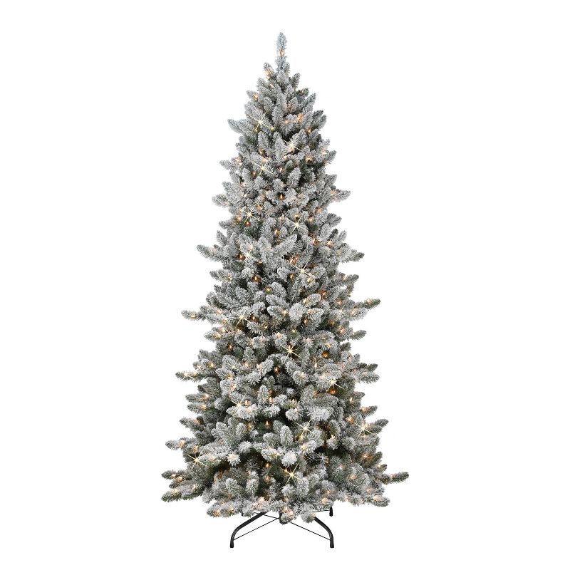 7.5ft Puleo Pre-Lit Flocked Slim Royal Majestic Spruce Artificial Christmas Tree Clear Lights, 1 of 4