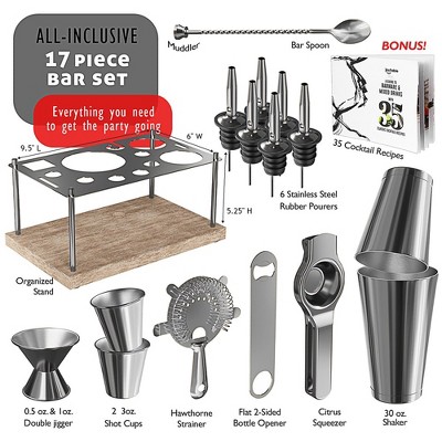 JoyTable 17-Piece Silver Stainless Steel Bartender Kit with Wood Stand