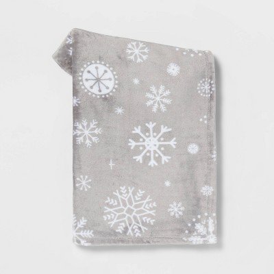 Snowflake Printed Plush Christmas Throw Blanket Gray - Wondershop™