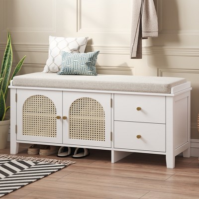 Entryway Shoe Storage Bench with Cushion, 2 Rattan Doors & 2 Drawers, Wooden Shoe Organizer with Seating for Hallway & Mudroom - HABITRIO