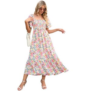 Coolmee Women's Summer Maxi Dress Boho Flowy Flutter Sleeve Square Neck Floral Smocked Wedding Guest Long Dresses - 1 of 4