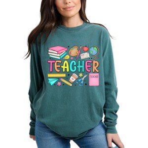 Simply Sage Market Teacher Bright Collage Garment Dyed Long Sleeve - 1 of 4
