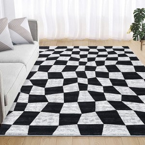 Washable Modern Checkered Area Rug | Stain Resistant Soft Geometric Throw Rug | Non-Slip Low Pile Accent Carpet for Living Room, Dining, Nursery - 1 of 4