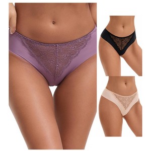 INSPIRE CHIC Women's Mid Waisted Briefs Smooth Silky Panties Soft Lace Breathable Underpants 3 Packs - 1 of 4