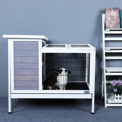 LAOTIES Indoor Two-Tier Wooden Rabbit Hutch,Bunny Cage With Runway,Leak Proof Plastic Tray,Multiple Doors And Waterproof Roof For Small Animals