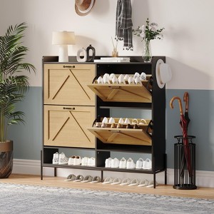 Shoe Storage Cabinet with 4 Flip Drawers, 2 Tier Free Standing Shoe Rack with 2 Cubbies, Hooks & Metal Frame, Narrow Shoe Storage for Entryway - 1 of 4