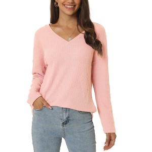 Seta T Women's V Neck Waffle Knit Long Sleeve Casual Tunic Blouses - 1 of 4