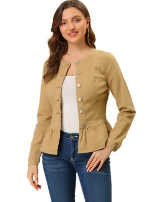 INSPIRE CHIC Women's Peplum Collarless Round Neck Button Down Cropped Ruffle Hem Denim Jackets