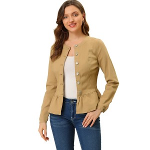 INSPIRE CHIC Women's Peplum Collarless Round Neck Button Down Cropped Ruffle Hem Denim Jackets - 1 of 4