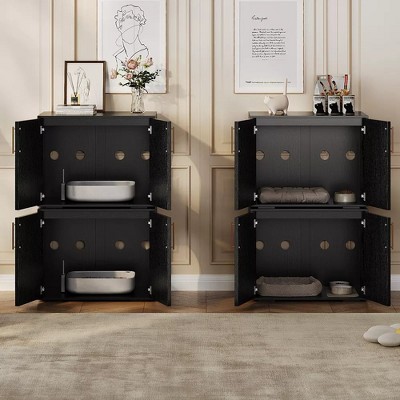 Black Wooden Freestanding Cat Litter Box Enclosure with Double Doors