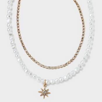 Two Row with Pearl and Star Starburst Multi-Strand Necklace - A New Day™ Gold/ Pearl