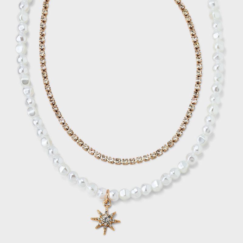Two Row with Pearl and Star Starburst Multi-Strand Necklace - A New Day&#8482; Gold/ Pearl, 1 of 8