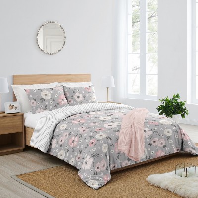 Sweet Jojo Designs Full/Queen Comforter Bedding Set Watercolor Floral Grey Pink 3 pc — фото 2