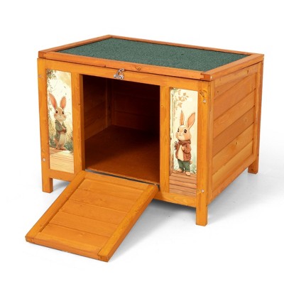 Bencmate Pet Crates and Houses Wooden Rabbit Hutch with Door Weatherproof Roof for Outdoor Guinea Pigs Cats Chicks, Orange, 23.62"*18.62"*19.5"