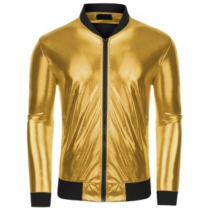 Lars Amadeus Men's Metallic Zip Up Disco Party Shiny Varsity Bomber Jacket - 1 of 4