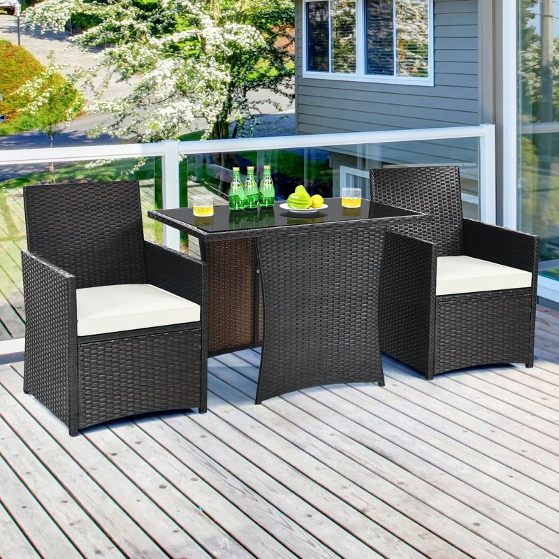Tangkula 3PCS Patio Rattan Dining Set Space-Saving Furniture Set with Tempered Glass Top Table and Cushioned Chairs, 2 of 10