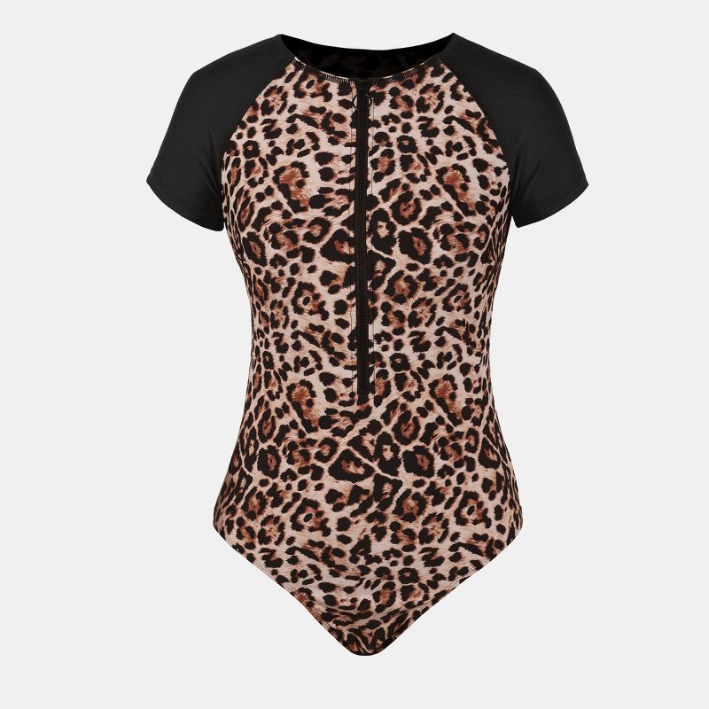 Women's Rashguard Leopard Zipper Front Short Sleeve One-piece Swimsuit - Cupshe, 3 of 7