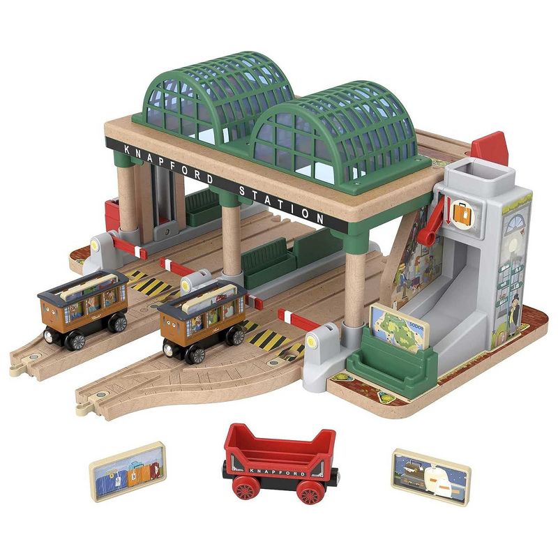 Thomas & Friends Knapford Station Wooden Railway Passenger Pickup Playset with 2 Passenger Cars, 1 Cargo Car, 5 Story Tiles and 4 Track Adapters, 1 of 6