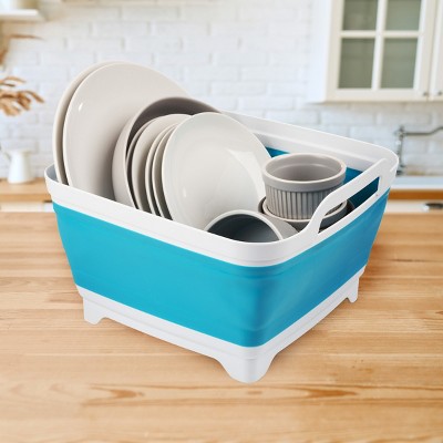 Blue and White Collapsible Polypropylene Wash Basin with Drain