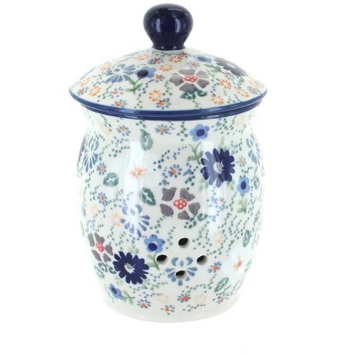 Blue Rose Polish Pottery Carnival Garlic Keeper