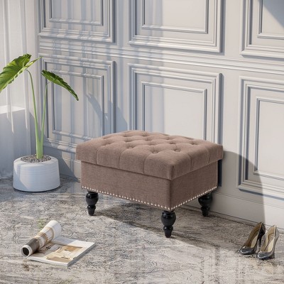 Taupe Tufted Fabric Ottoman with Turned Wood Legs