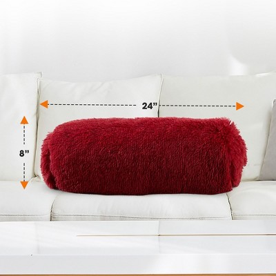 Set of 2 Maroon Shaggy Long Hair Bolster Pillows