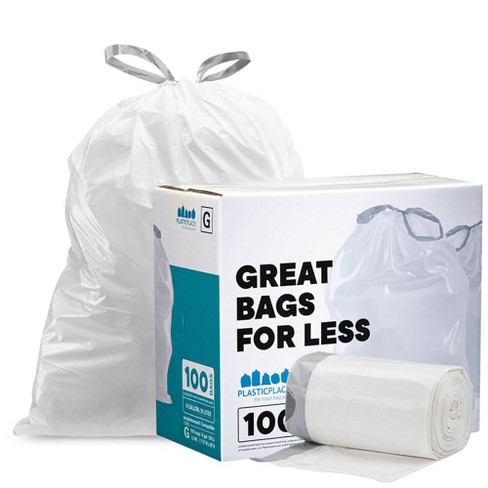 Plasticplace TRA165WH simplehuman (X) Code G Compatible (100 Count) White Drawstring Garbage Liners 8 Gallon / 30 Liter 17.5 x 28