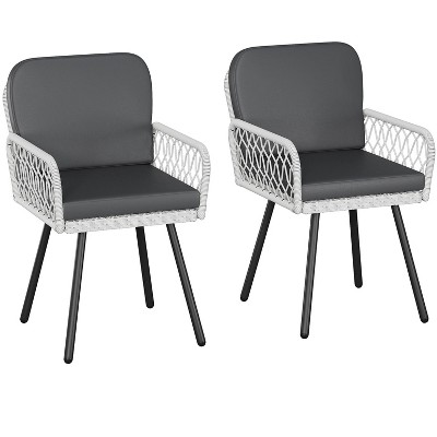 2-Piece Patio Dining Set - Black Metal Frame & White Rattan Armchairs w/ Cushions, for Garden, Balcony, Deck, Indoor/Outdoor