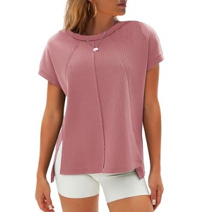 EXLURA Womens Summer Oversized Tops Short Sleeve Crewneck Waffle Shirts Casual Blouses - 1 of 4