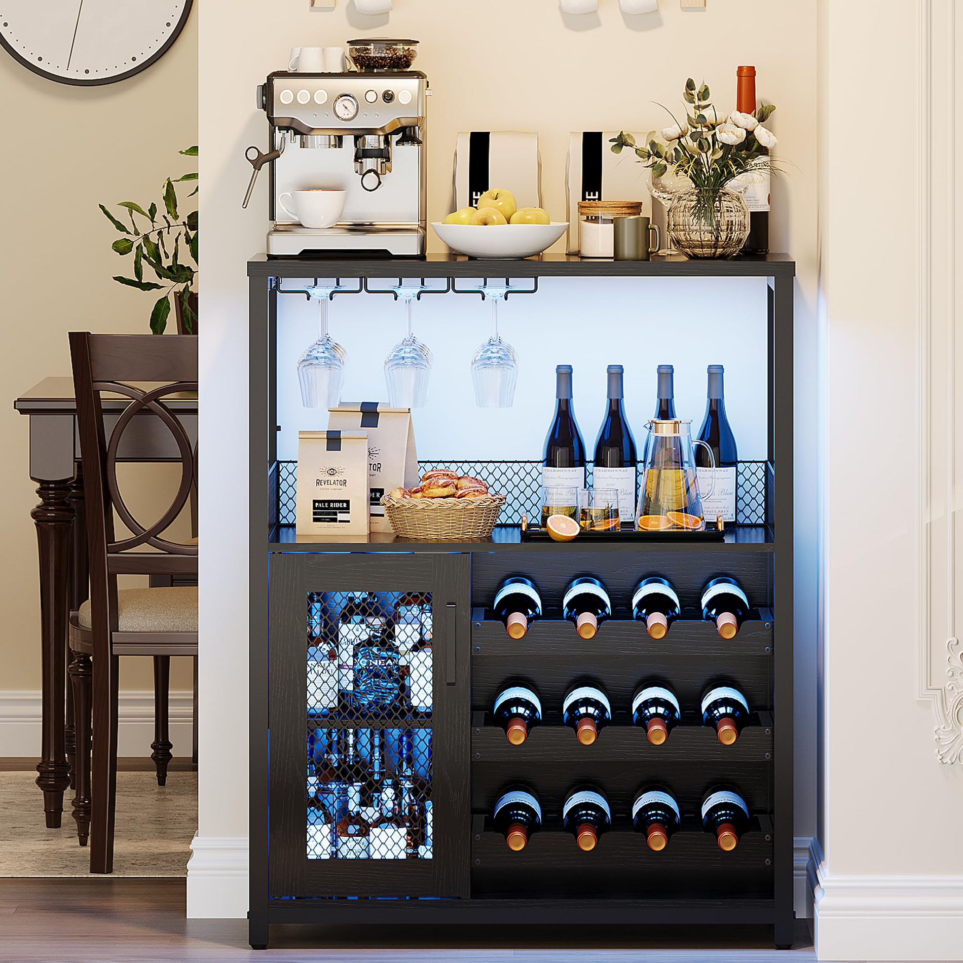 3-Tier Wine Bar Cabinet with Adjustable Wine Rack & Glass Holder, Modern Storage Buffet with Lockable Door