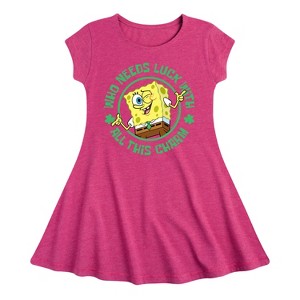 Girls' - SpongeBob Squarepants - Who Needs Luck With This Charm Fit & Flair Cap Sleeve Graphic Dress - 1 of 4