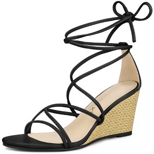 Allegra K Women's Open Toe Lace Up Strappy Bow Back Low Wedges Sandals - 1 of 4