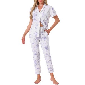 INSPIRE CHIC Women's Longewear Button Up Tencel Floral Ink Wash Pattern Short Sleeve Notched Collar Pants Set with Pockets - 1 of 4
