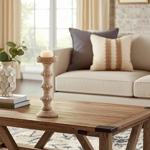 Wood Pillar Candle Holder with Decorative Beads, Antique Finish Candlestick for Home or Wedding Decor, Ivory/Beige - 1 of 4