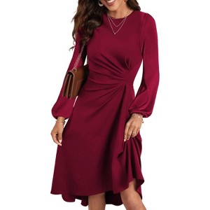 Coolmee Women's Long Sleeve Ruched Waist Flowy A Line High Low Cocktail Party Midi Dress - 1 of 4