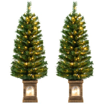 Tangkula 1pc/2pcs 4FT Artificial Potted Christmas Tree Pe-lit Entrance Tree with 100 LED Lights 3 Lighting Modes 4-level Adjustable Brightness