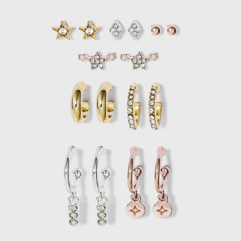 LOYALLOOK 10Pairs Stainless Steel Stud Earring Set Moon Star Bar Earrings Lotus Ear Jacket CZ Cuff Hoop Huggie Cartilage Earring for Women 