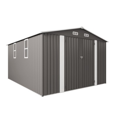Vynxaria 10x12FT Large Outdoor Metal Storage Shed, Waterproof Tool Shed with Double Door & Two Windows for Backyard/Patio/Poolside, Grey