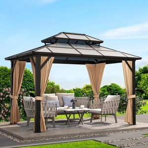 Hardtop Gazebo with Double Polycarbonate Roof – Aluminum Frame, UV Protection & Mesh Curtains for Patio, Garden, Backyard - 1 of 4
