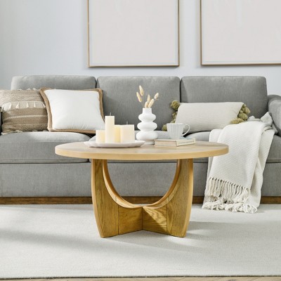 Round Coffee Table, Wooden Cocktail Table, Farmhouse Center Sofa Side Table, Circular Tea Table for Small Spaces Living Room Office