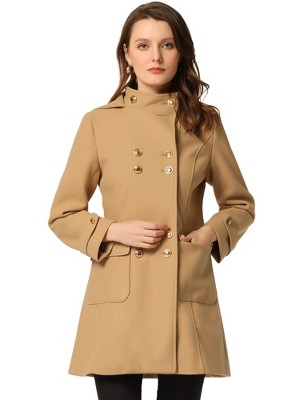 Allegra K Women's Stand Collar Double Breasted Hoodie Outerwear Winter Coat